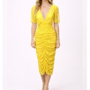 Zara Bright Yellow Ruched Lace Midi Dress